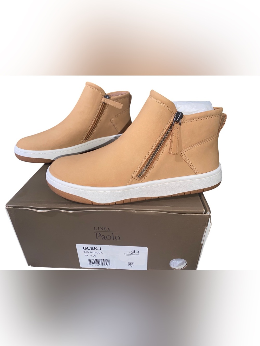 NIB Linea Paolo Glen-L Tan Nubuck Mid-Top Sneaker Booties Zip Size 5 M